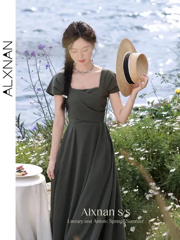 ALXNAN महिलाओं की पोशाक 2025 ग्रीष्मकालीन सुरुचिपूर्ण लंबी ए-लाइन वन-पीस ड्रेस ग्रे ग्रीन स्क्वायर कॉलर हॉलिडे महिला वस्त्र नई L37031 8 best sales हरा गाउन - №7