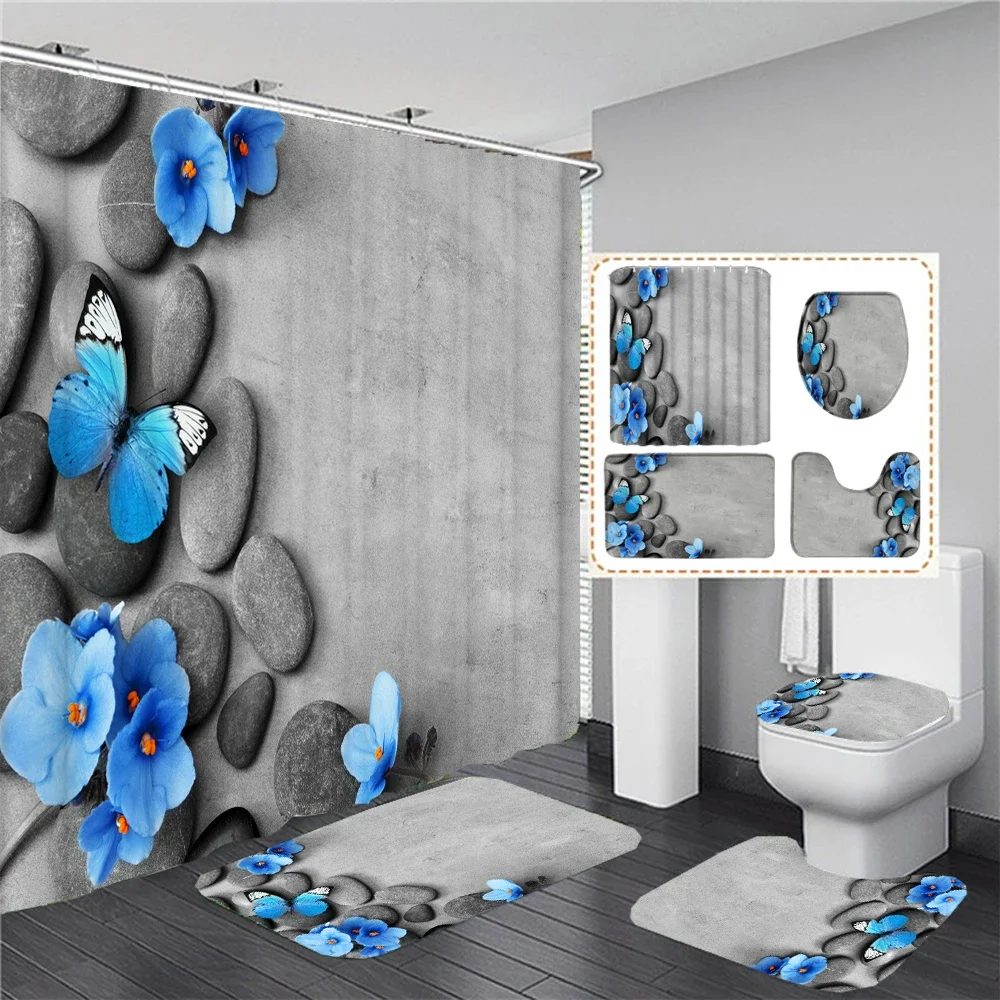 

180*180cm Shower Curtain Grey Blue Butterfly Rose Flowers Bathroom Curtains Set Bath Mats Rugs Toilet Lid Cover Anti-slip Carpet