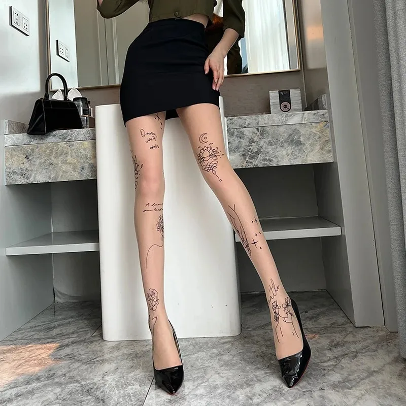 Tights Women Women Sexy Tights with Patterned Tattoos Pantyhose Inscriptions Flower Letter Ladies Thin Long Black Stockings