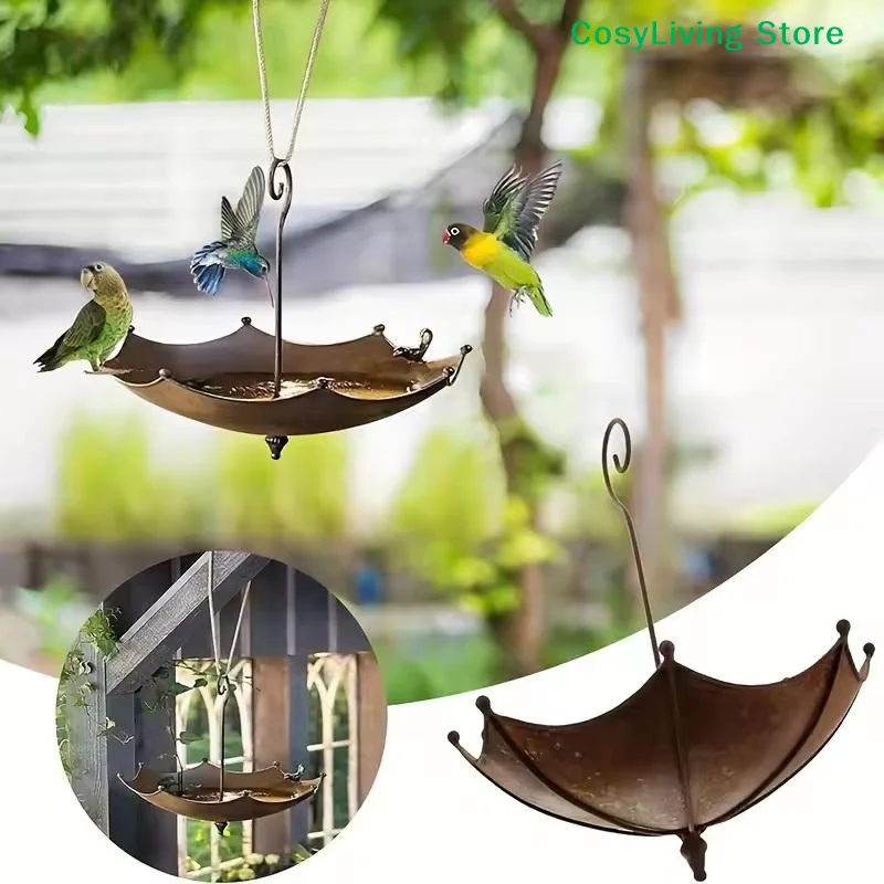 Comedero de Hierro en Forma de Paraguas, Tazón de Agua Colgante para Exteriores, Bandeja para Pájaros, Comedero para Colibríes para Jardín, Patio Trasero