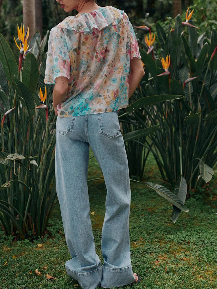 New 2026 Women's Summer Short Sleeve V-Neck Floral Print Layered Decorated Shirt Versatile Fashionable Chinese Style Top