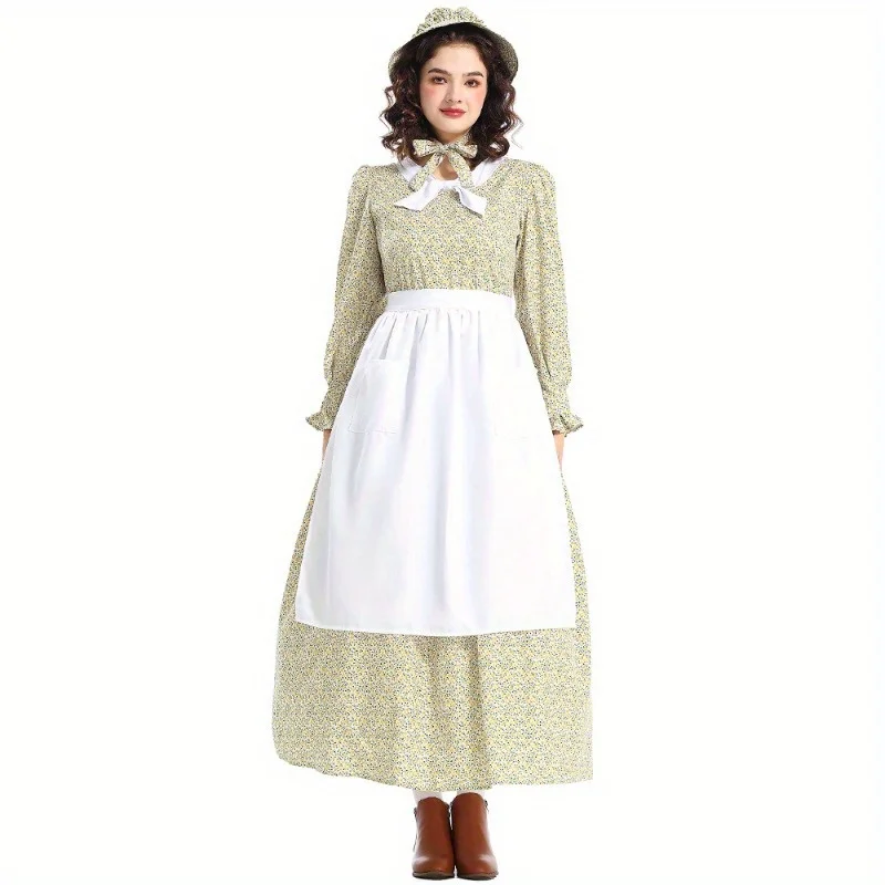 الأزياء والاكسسوارات أزياء الهالوين البراري الاستعماري الأصفر فستان زهري المئزر الرائد زي