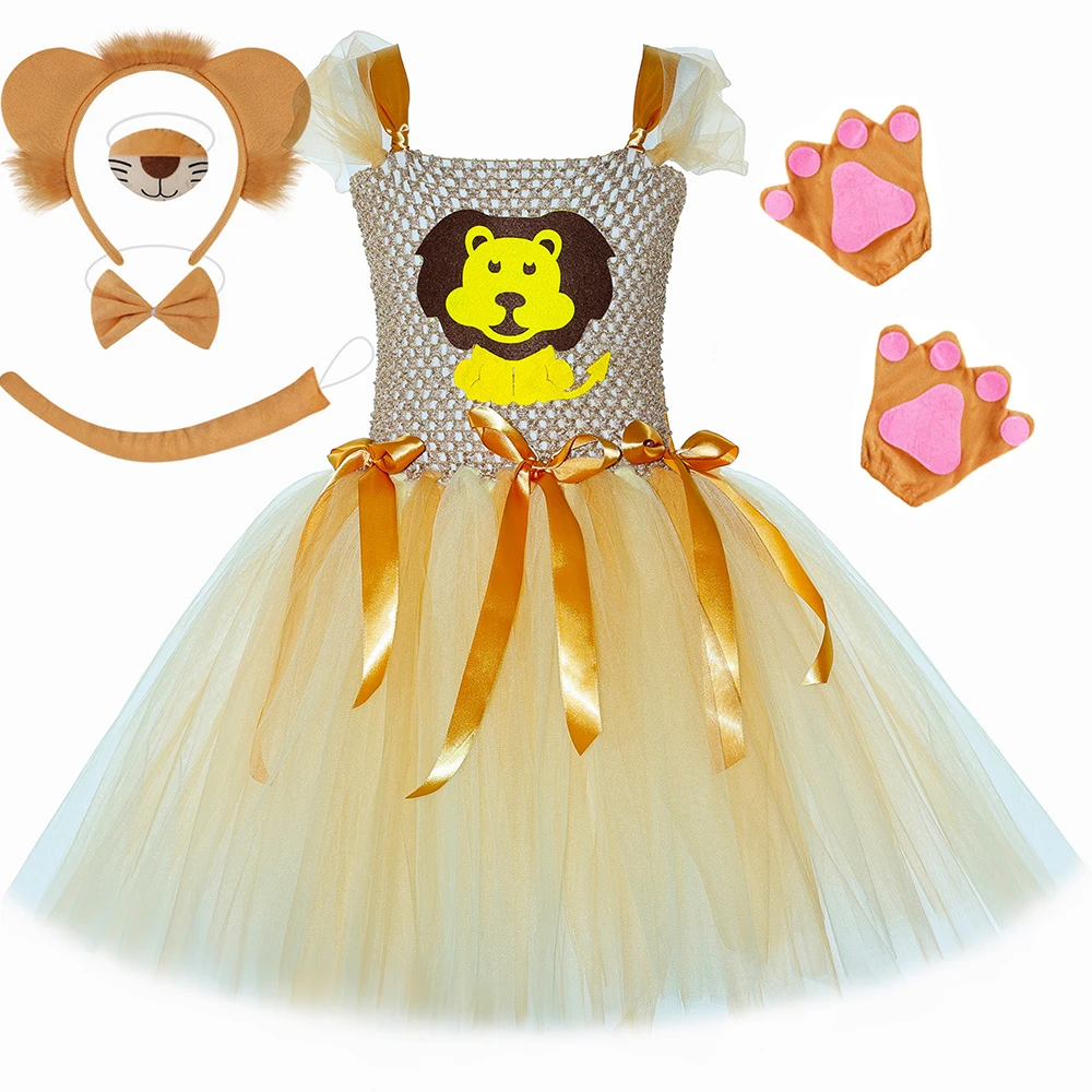 Girls Lion Costume Toddler Kids Animal Themed Jungle Party Tulle Tutu Dress Up Girls Fancy Carnival Halloween Princess Dress Set