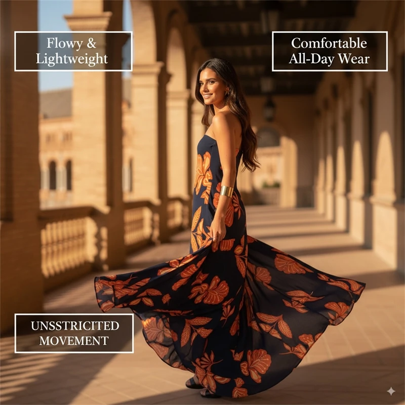 فستان طويل بدون حمالات بطبعة زهور للنساء، مقاس نحيف، طراز أنبوبي للإجازات - مظهر جزيرة الصيف