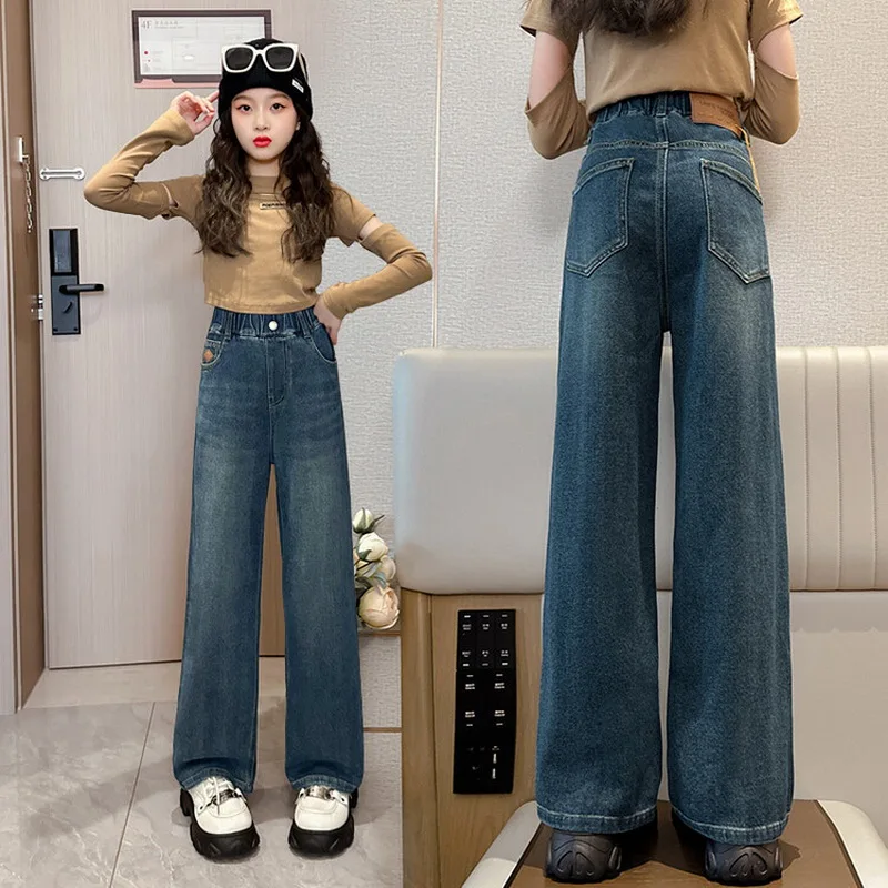 Children Jeans Girls Wide-leg Pants Kids Loose Trousers Baby Straight Denim Pants Spring Autumn 4 To16 Year