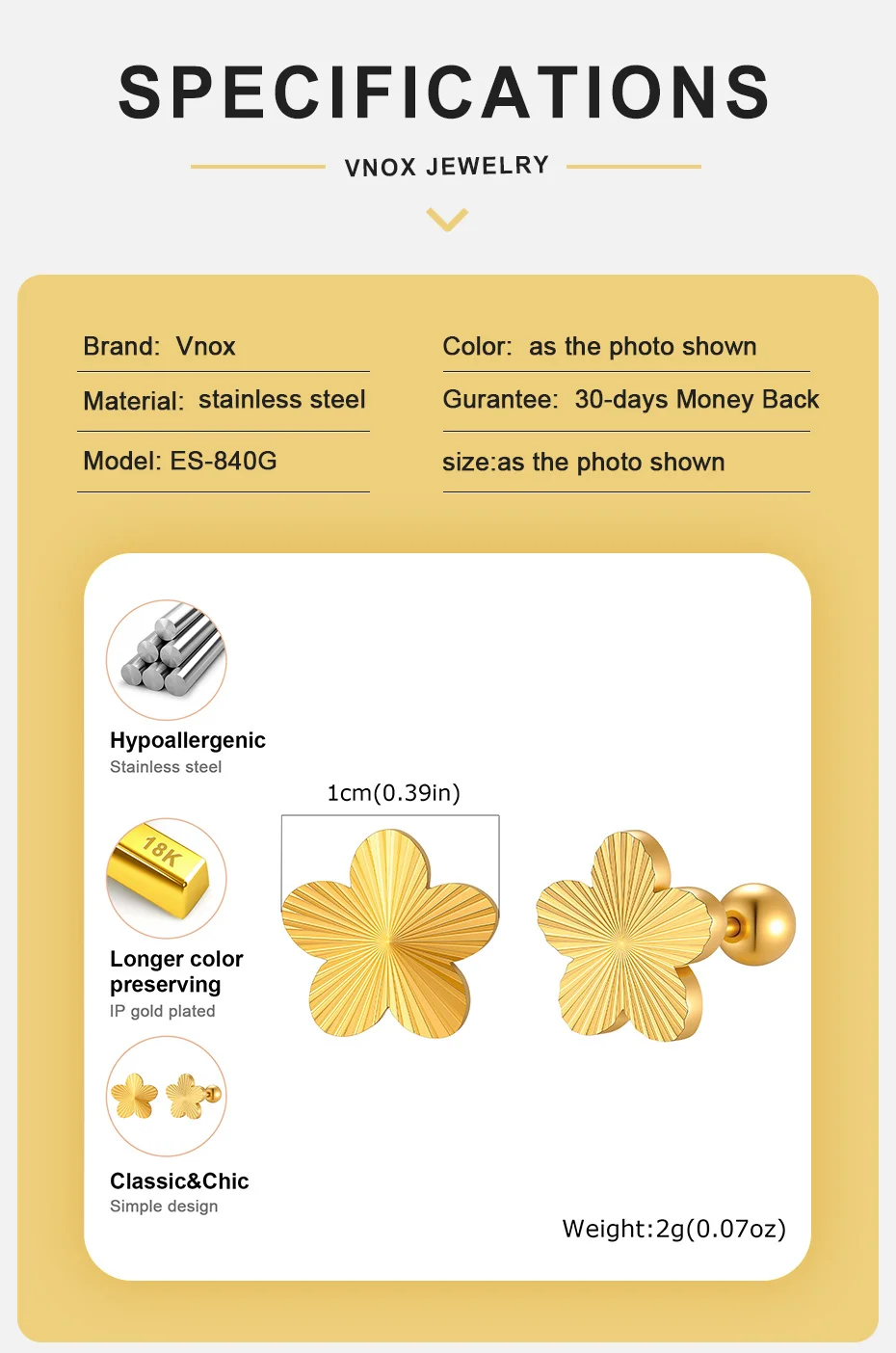 Vnox Trendige Strukturierte Blumen-Ohrstecker für Damen, Edelstahl, vergoldet, mit Schraubverschluss, Blumen-Ohrringe, Alltagsschmuck – Detail 4