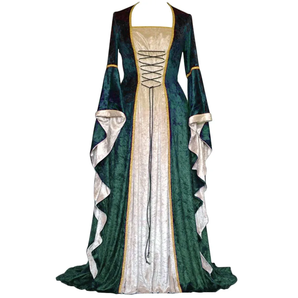 2024 Gold Velvet Flared Sleeves Vintage Medieval European Court Long Floor Length Women's Dress European Clothing