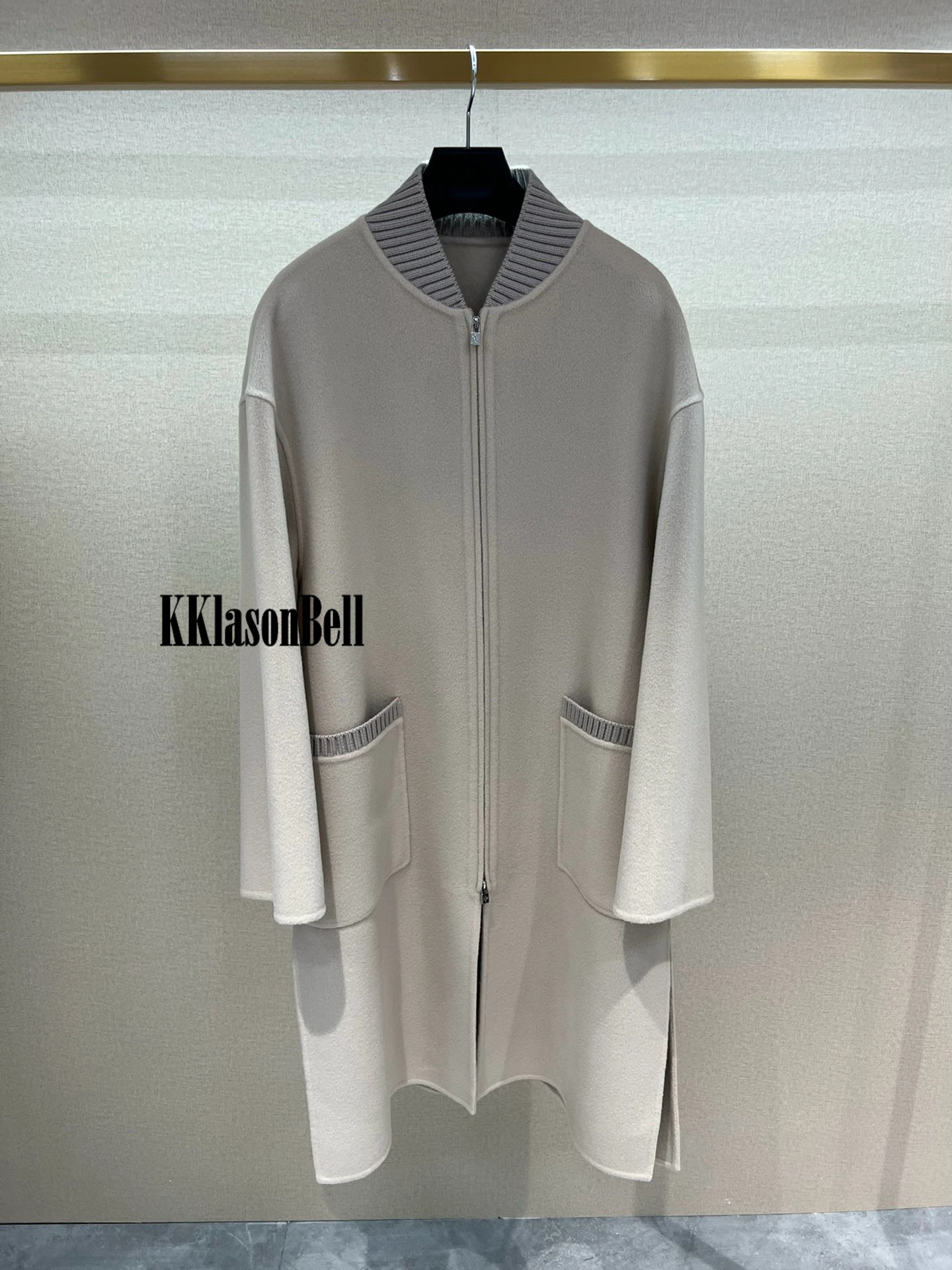 12.13 KKlasonBell Fashion Keep Warm Ribbed Stand Collar Loose Side Split Mid-Calf Cashmere Wool Coat Women