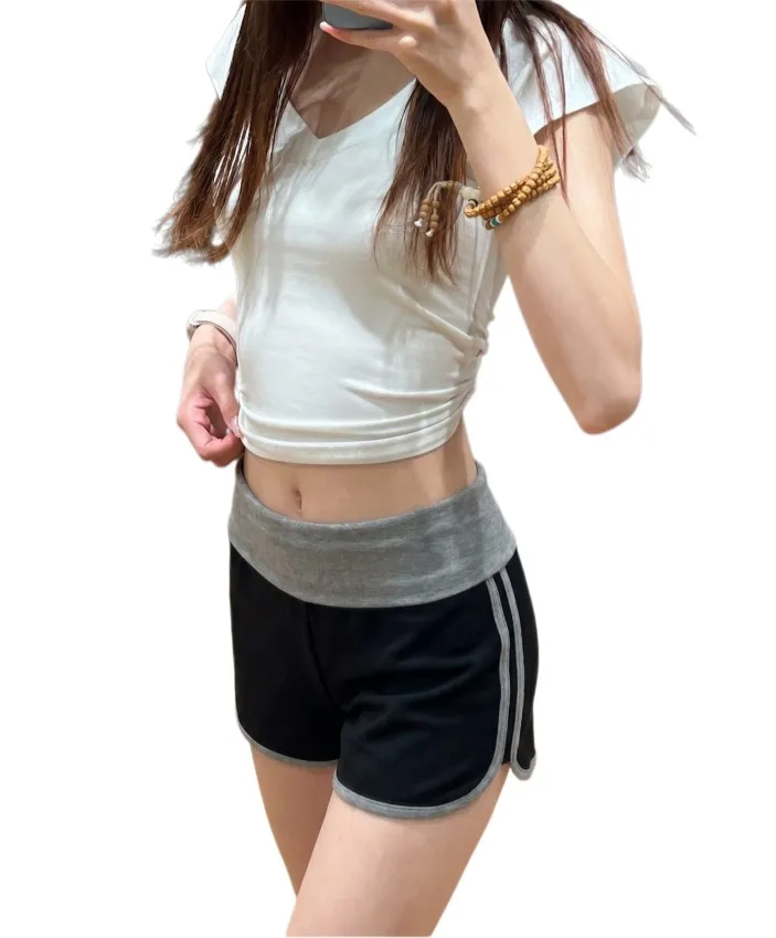 summer color blocking fitness yoga short high waist slimming spicy girl shorts for women