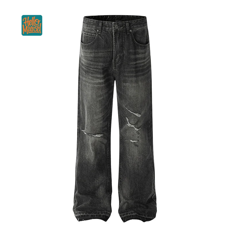 HELLOMARCEL EU US Size Luxury Quality Street Wear Pants Distressed Ripped Loose Fit With Tassels Heavy Damage Jean Pants