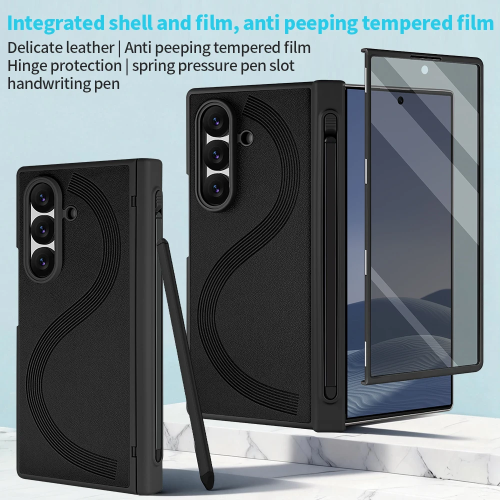 For Samsung Galaxy Z Fold 6/7 PU Leather Glass Film Phone Case with Pen Slot And Hinge Protection Cover for Galaxy Z Fold 7 6