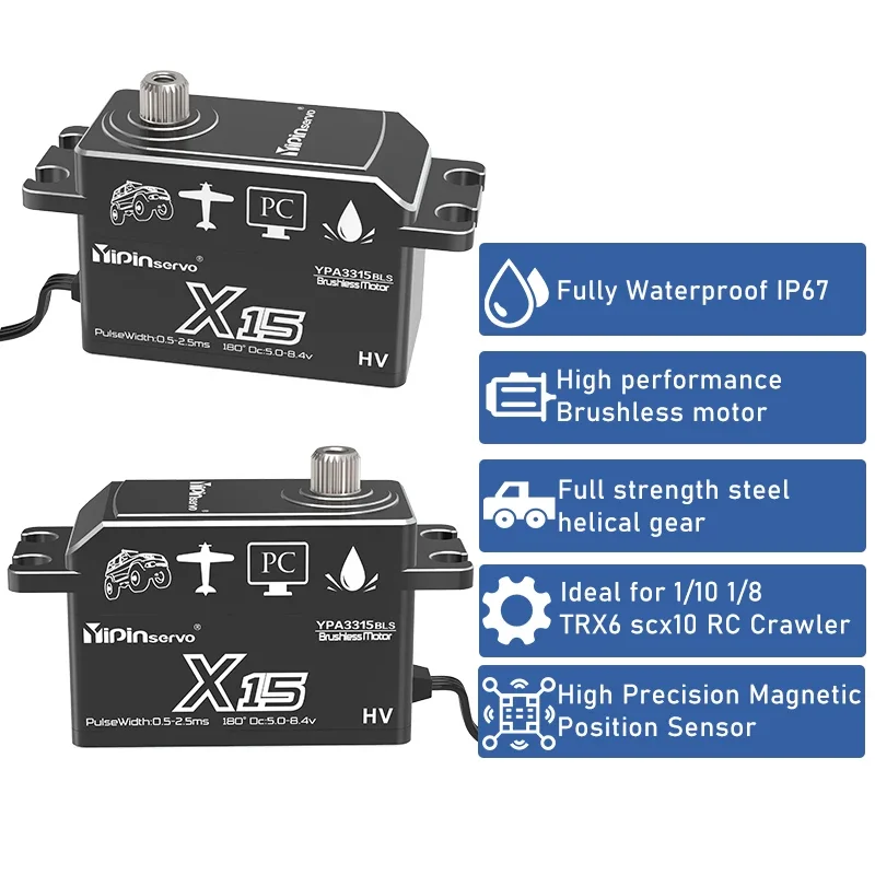 Yipinservo-Servo Digital sin escobillas, 15KG, PWM, engranaje totalmente metálico, alto par, perfil bajo, Servo de cuerpo corto para coche Rc 1/8 1/10