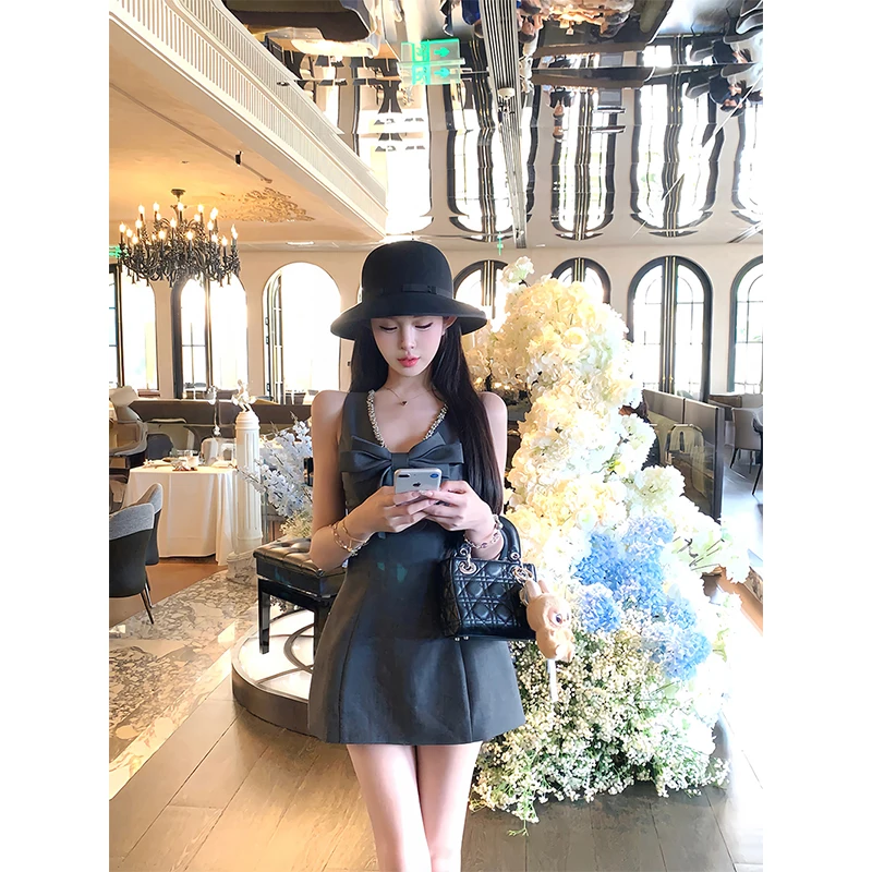 MEXZT Elegant Bow Mini Dress Women Party Beading Patchwork Sleeveless Dresses Summer Vintage Sexy V Neck Bodycon Design Vestidos