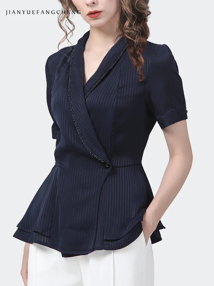 Fashion Women Spring Summer Short Sleeve Blue Stripes Shirt Beading Trims Slim Fit V-Neck Satin Top Streewear Casual Blouses