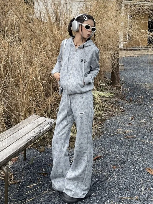 

Retro American Floral Print Hoodie Jacket Women's Slim Fit Short Top with Bell Bottoms Casual Fashion Set High Waist Long Pants