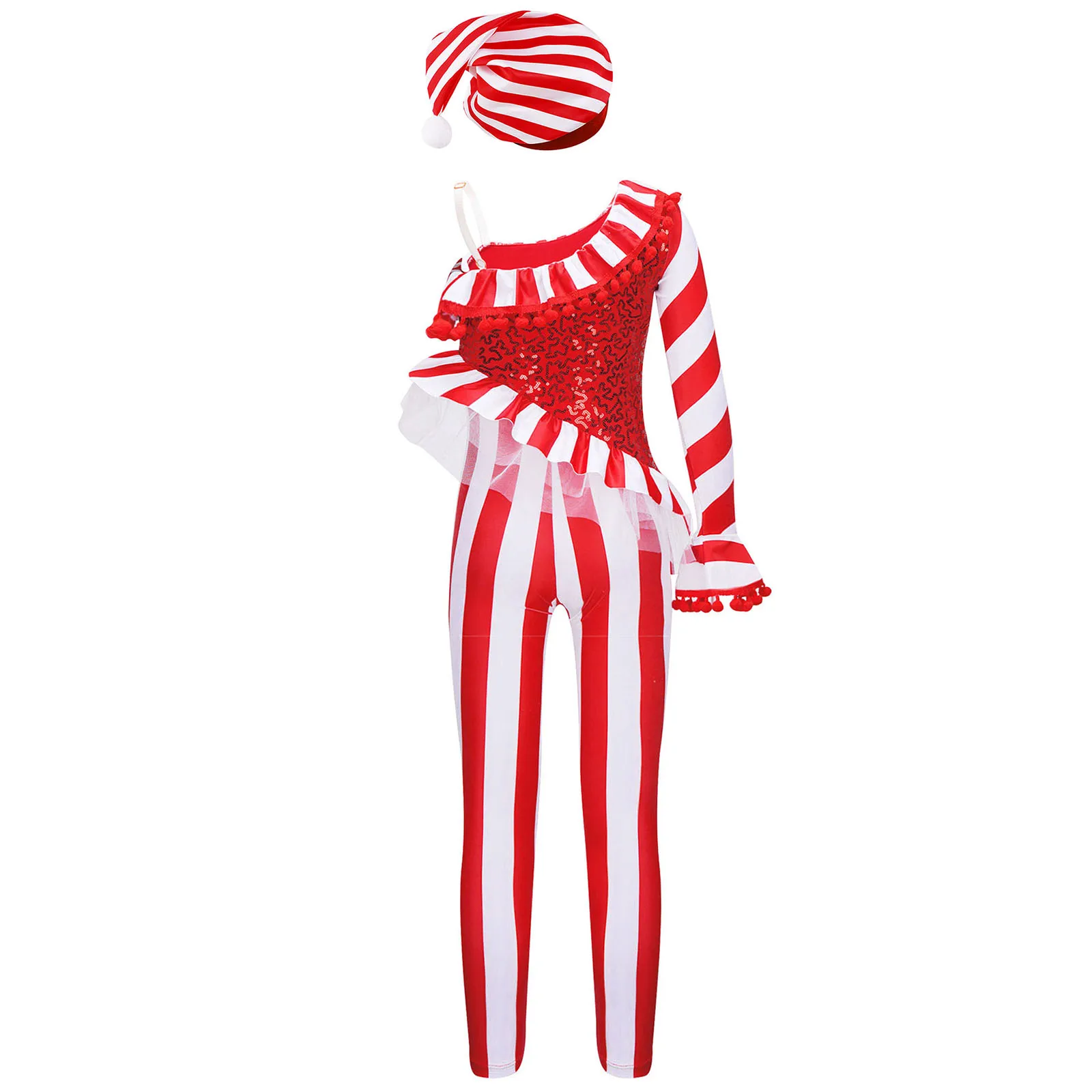 Kids Girls Christmas Leotard Xmas New Year Party Cosplay Stage Perormance Costume Shiny Sequin Pom Pom Jumpsuit with Striped Hat