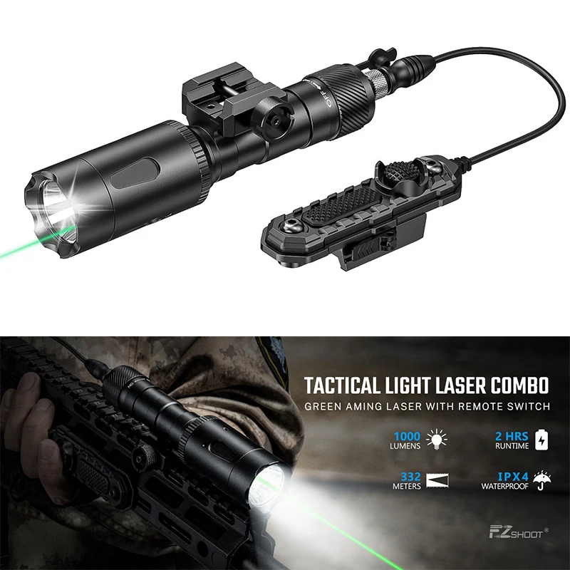 

EZshoot 1000 Lumens Rifle Tactical Flashlight Green Laser Light Combo for 20mm Picatinny Rail with Remote Switch Strobe Mode