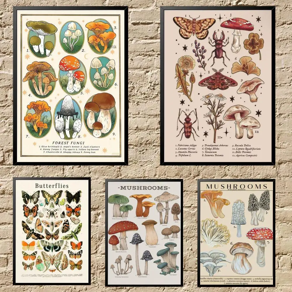 Butterfly Insect Flower Mushroom Poster HD Waterproof Self-Adhesive Wall Art - Versatile Decor for Any Space | Perfect Gift Idea