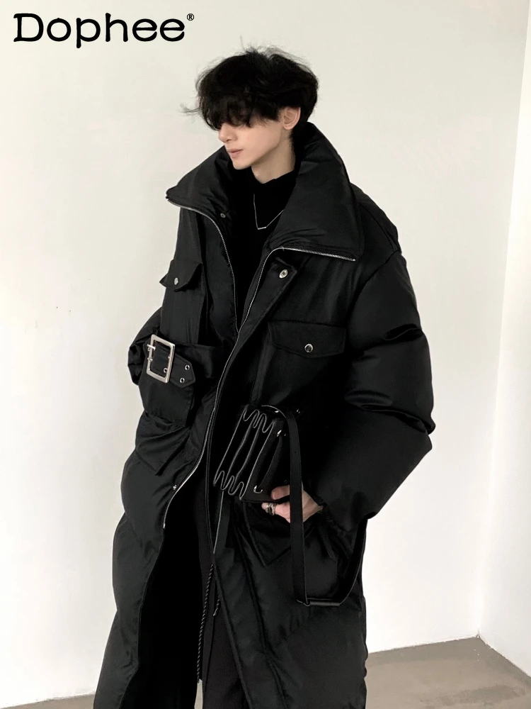 Men's Black Fashion Medium-length Cotton Coats Men's 2024 Winter New Trendy Thickened Parkas Long-sleeve Stand-up Collar Jackets