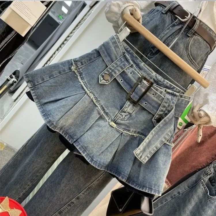 Jupe en jean plissée bleu clair rétro, demi-jupe trapèze avec ceinture pour fille épicée, douce et fraîche, à la mode, vêtements de rue pour dames, été 2024