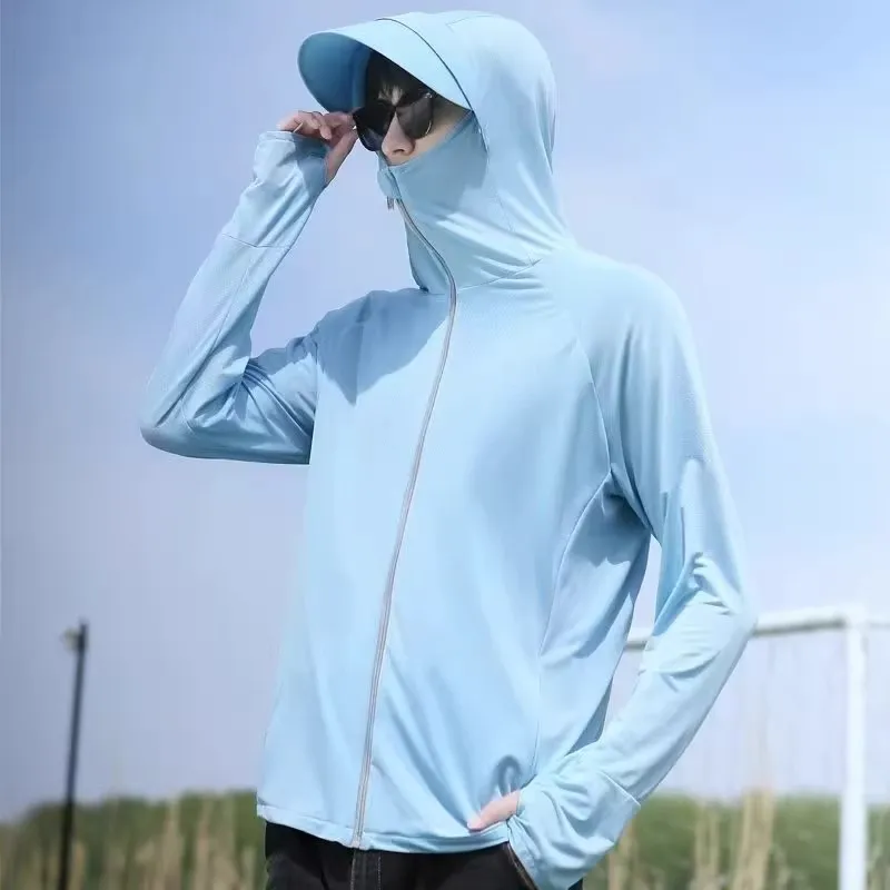 

Summer Ice Silk Thin Long Sve Jaet Men's Loose Fit UV Protection Breathable Outdoor Fiing Hooded Coat Trendy Korean Sle