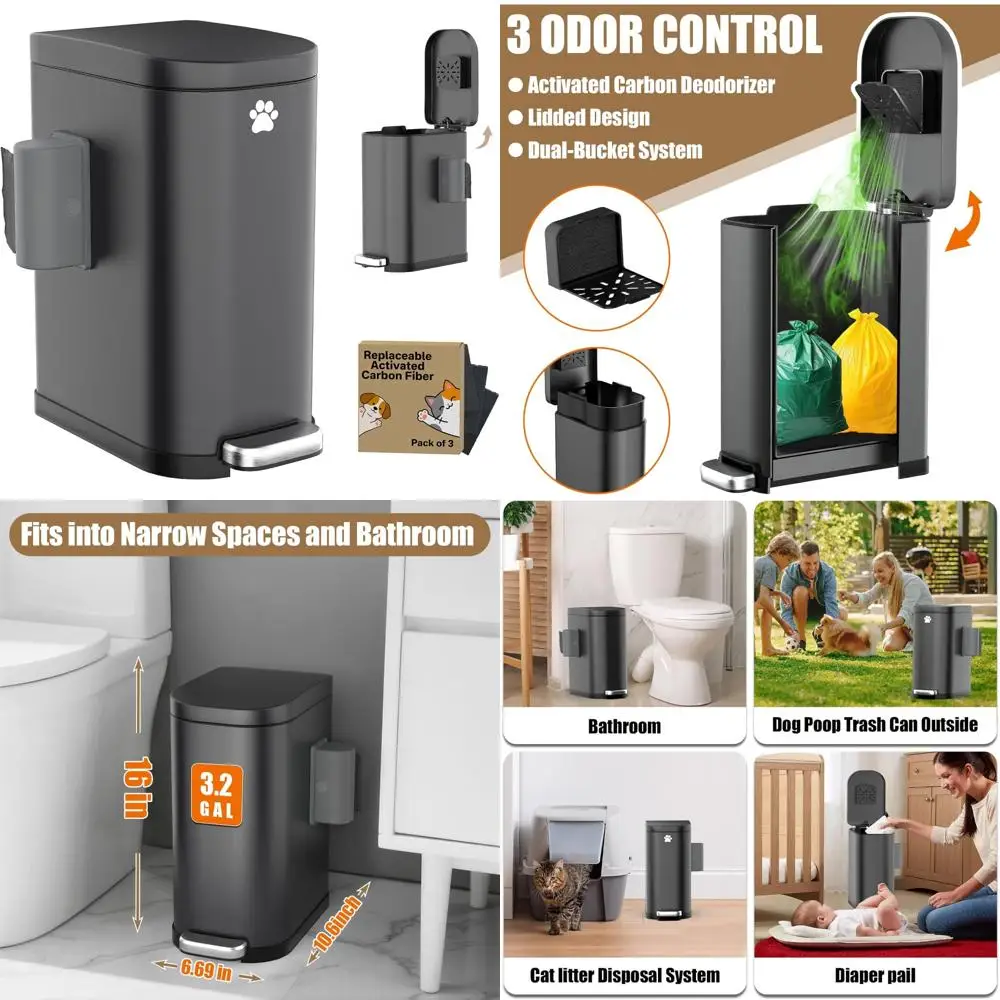 

Stainless Steel 3.2 Gallon Outdoor Dog Waste Trash Can with Step Pedal and Odor Control Lid