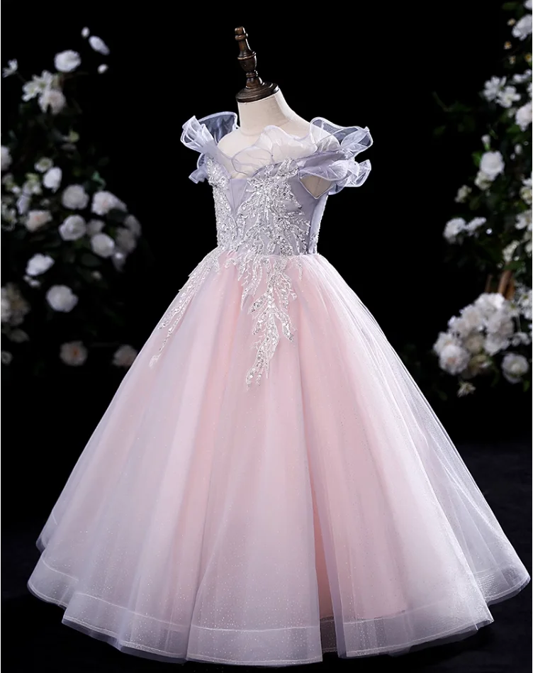 IRIDESCENT Pink Fluffy Flower Girl Dress Lace Embroidered Scoop Wedding Princess Host Performance Zipper Skirt Evening Dresses