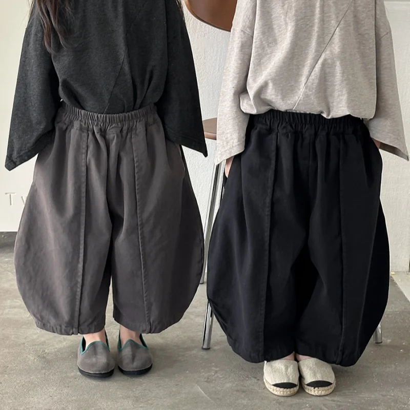 Korean 1-7Y Boys Girls Cotton Trousers Spring Children's Banana Pants Elastic Waist Loose Fit Ankle Trendy Solid Color Clothes