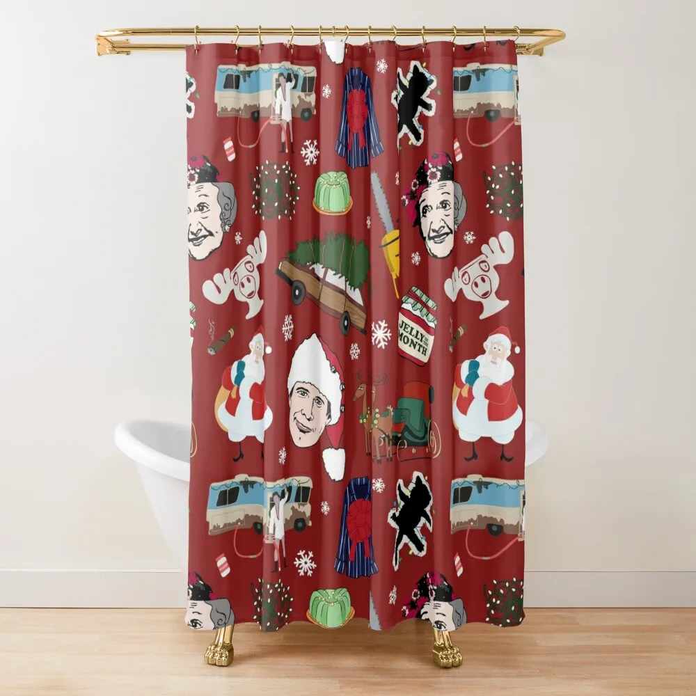 

Red Vintage Griswold Christmas Vacation Holiday Family Shower Curtain Bathroom Fabric Window Curtain