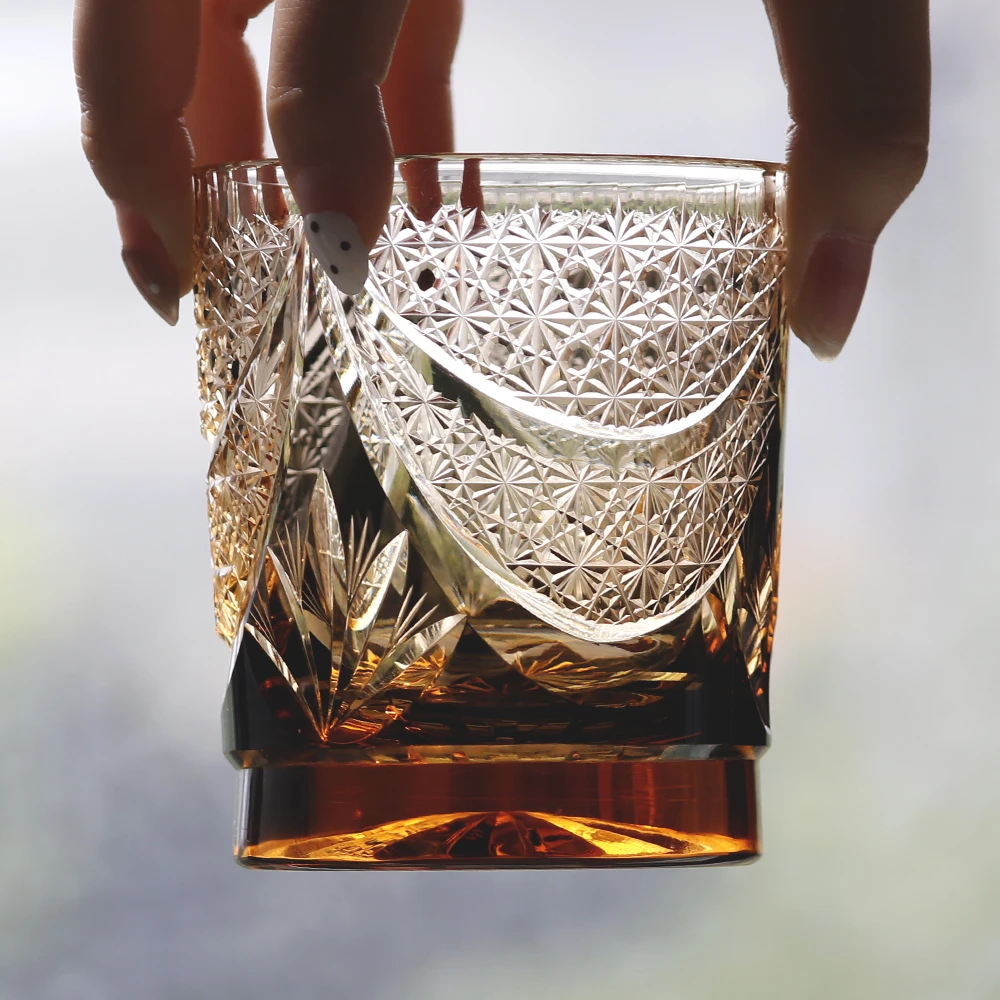 Edo Kiriko Crystal Whiskey Glasses Handmade Japanese Cut Glass 8.5 oz  Black and Amber Gradient Bourbon Cocktail Glasses Gift