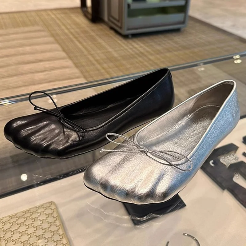 Butterfly Knot Five Toe Women Flats 2025 New Fashion Cap Toe Leather Shoes Pointed Toe All-Match Women Work Shoes