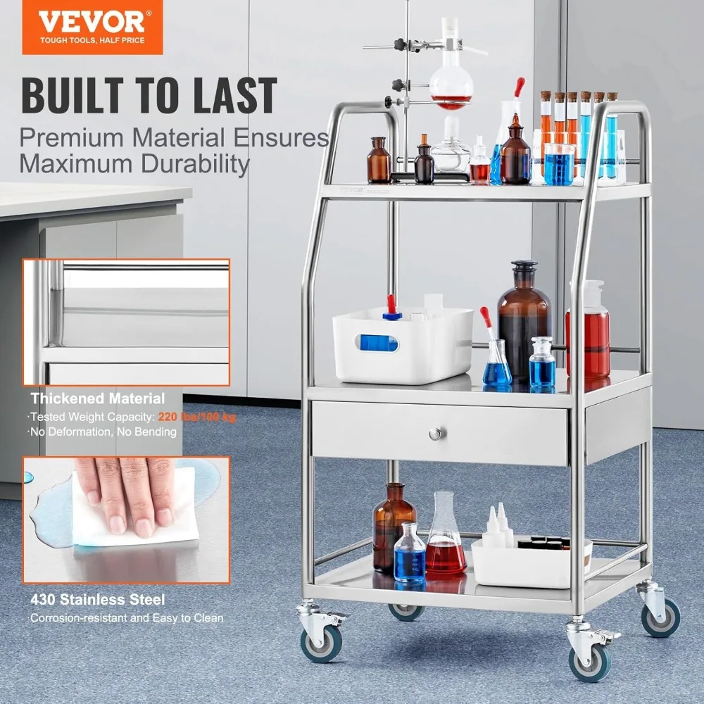 Lab Serving Cart, 3 Layers Stainless Steel Utility Rolling Cart, with A Drawer and Lockable Wheels, for Laboratory, Hospital