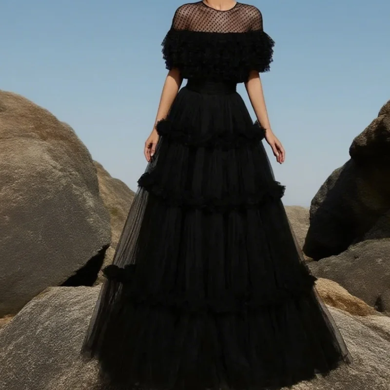 

Sexy O-neck Party Dress Tulle A-line Black Multilaye Evening Dress Wave Point Prom Dress Customized