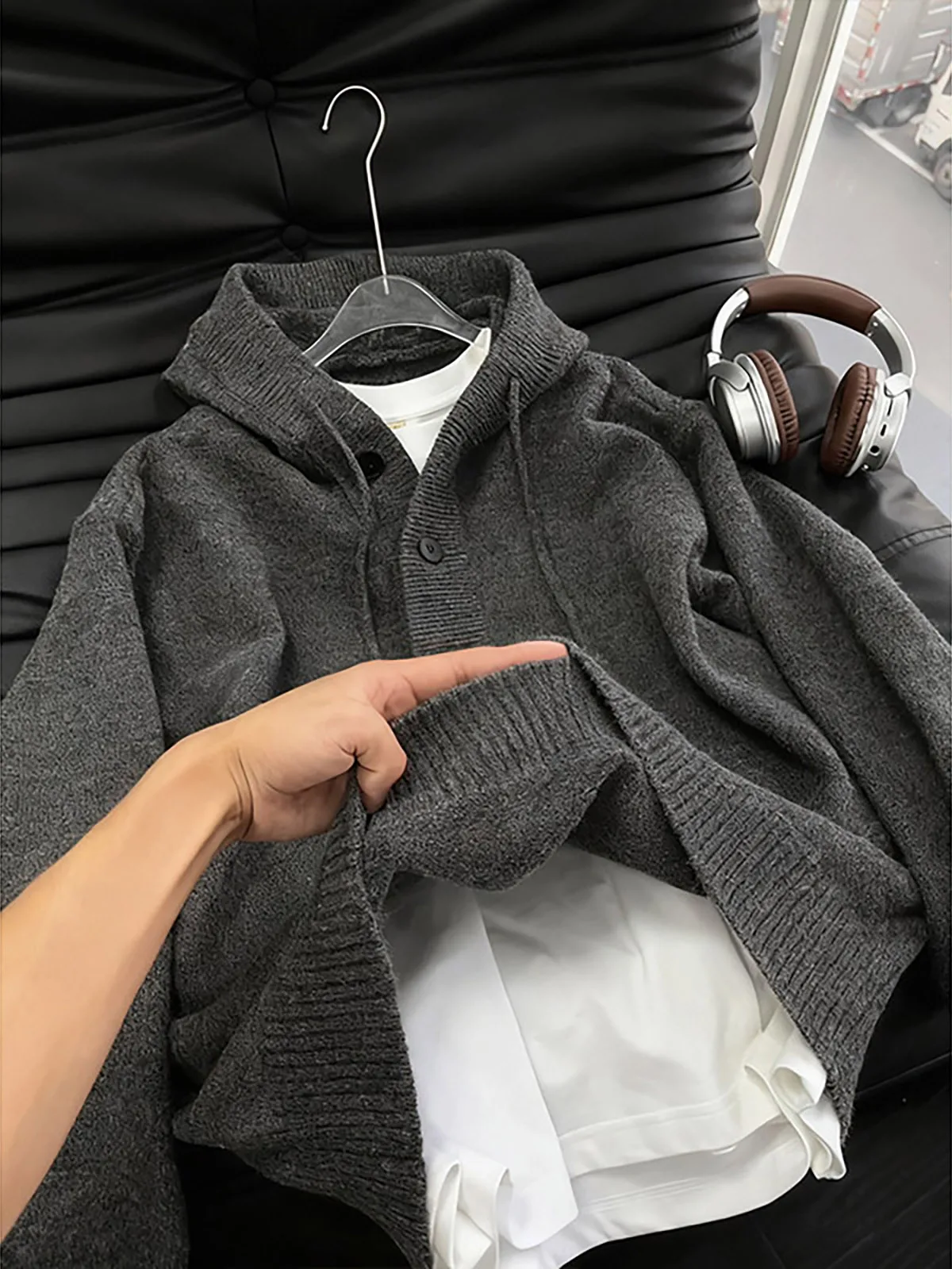 Gray Hooded Henry Collar Knitwear for Boys Autumn Winter Youth Style Cleanfit Heavyweight Long Sleeve Warm  Color Sweater