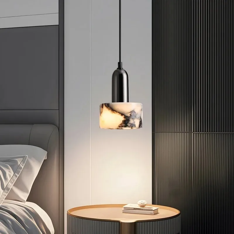 Modern Natural Stone Pendant Light, Travertine/Marble/Terrazzo/Calacatta Stone Hanging Lamp for Kitchen Island Bedroom Bedside