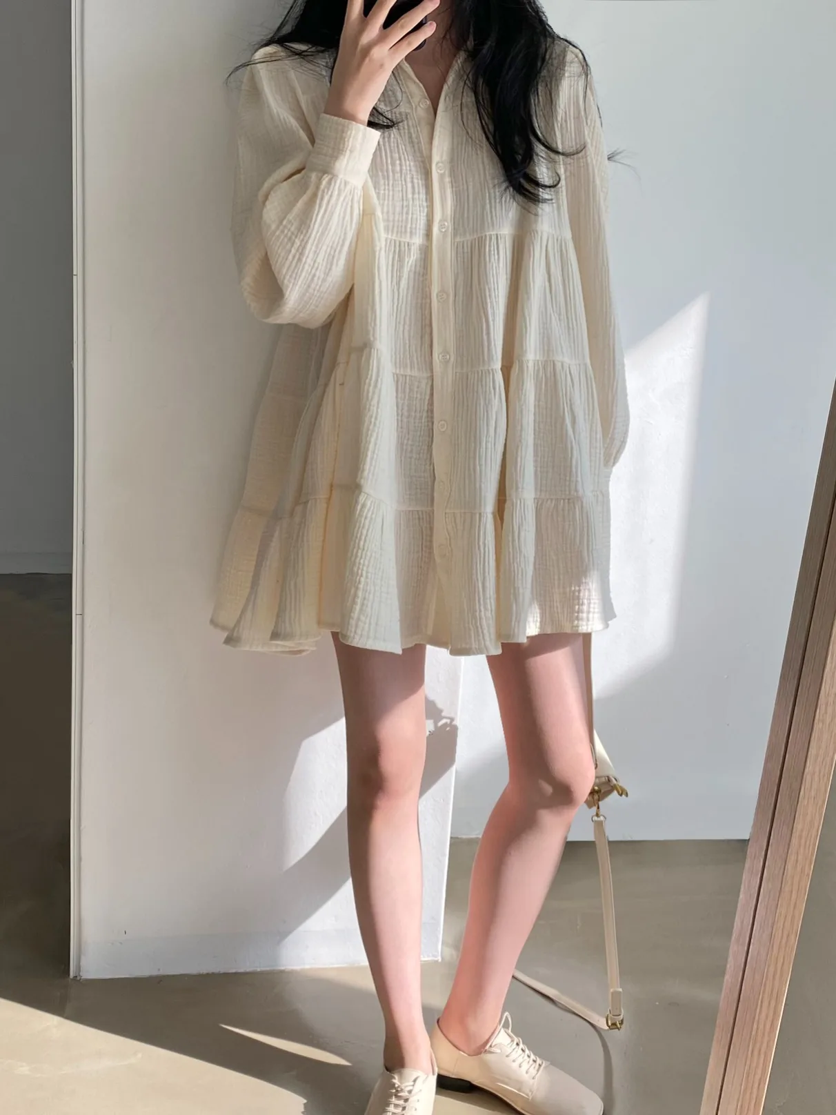 

Laid-ba Texture Long Sve Doll Dr Женская ранняя осень Новая свободная юбка в стиле ретро с хлопковым воротником и одинарным...