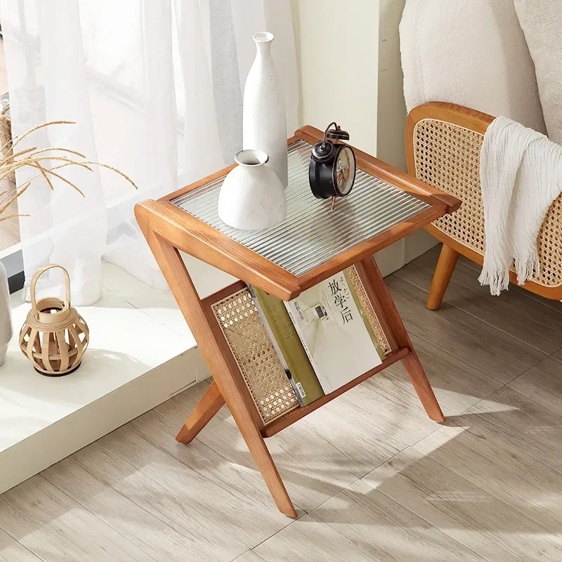 Solid Wood Edge Corner Sofa for Small Apartments Modern Living Room Glass Rattan Storage Side Table Mini Dining Table