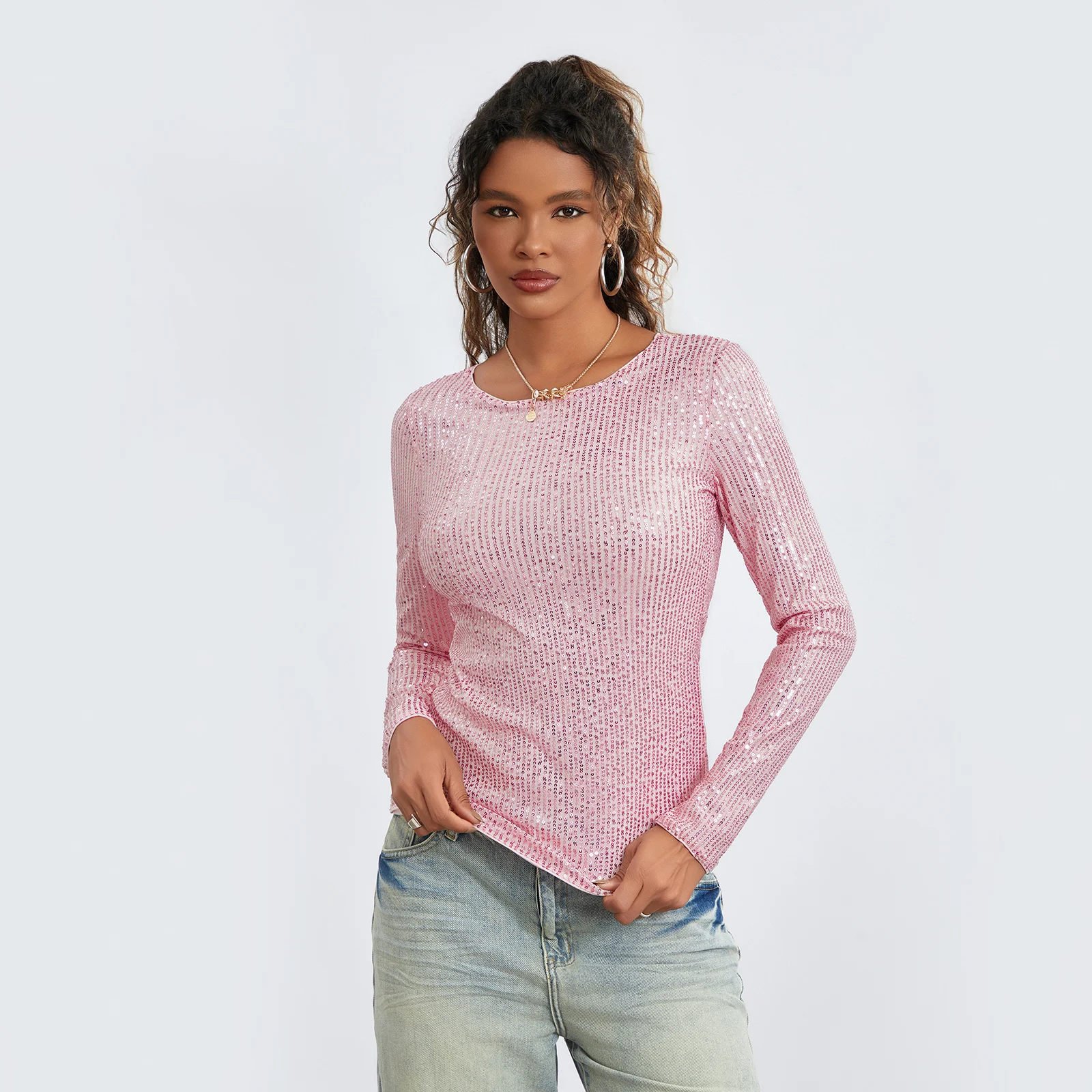 Women\'s Sequins Long Sleeve Tops Y2k Slim Round Neck T-Shirts Streetwear Aesthetic Clothes Bottoming Shirt for Fall