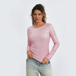 Women's Sequins Long Sleeve Tops Y2k Slim Round Neck T-Shirts Streetwear Aesthetic Clothes Bottoming Shirt for Fall