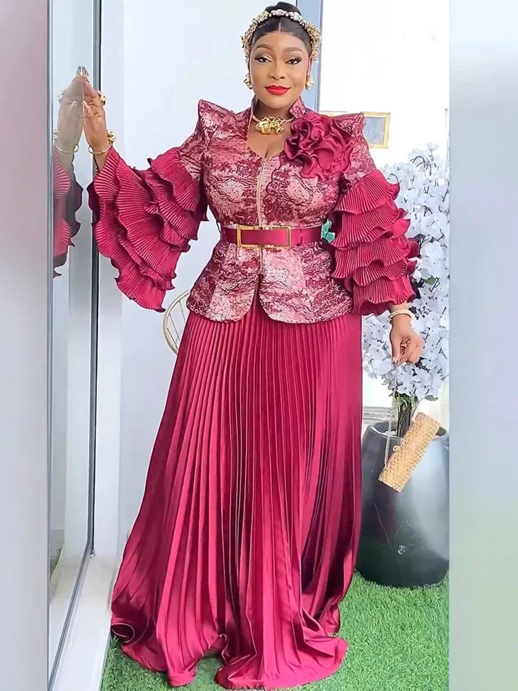 

2 Piece Set Pleated Lace Print Tops and Skirt Suit Women African Clothes Ankara Dashiki Party Gown Evening Banquet Wedding Dress