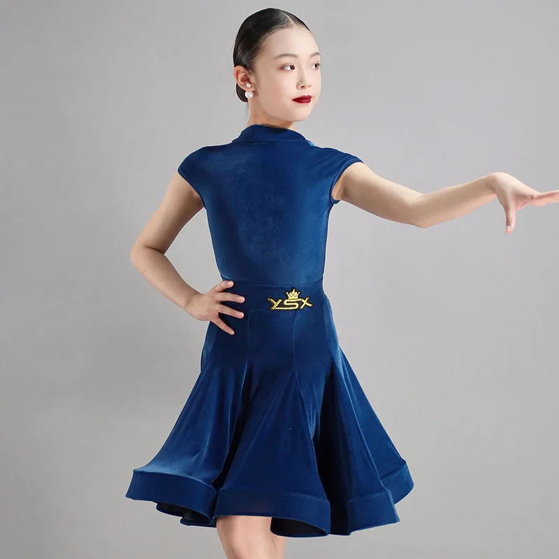 Retro Blue Color Velvet Latin Dance Clothes Girls Competition Dress Short Sleeves Kids Cha Cha Ballroom Dance Dress  DNV20422