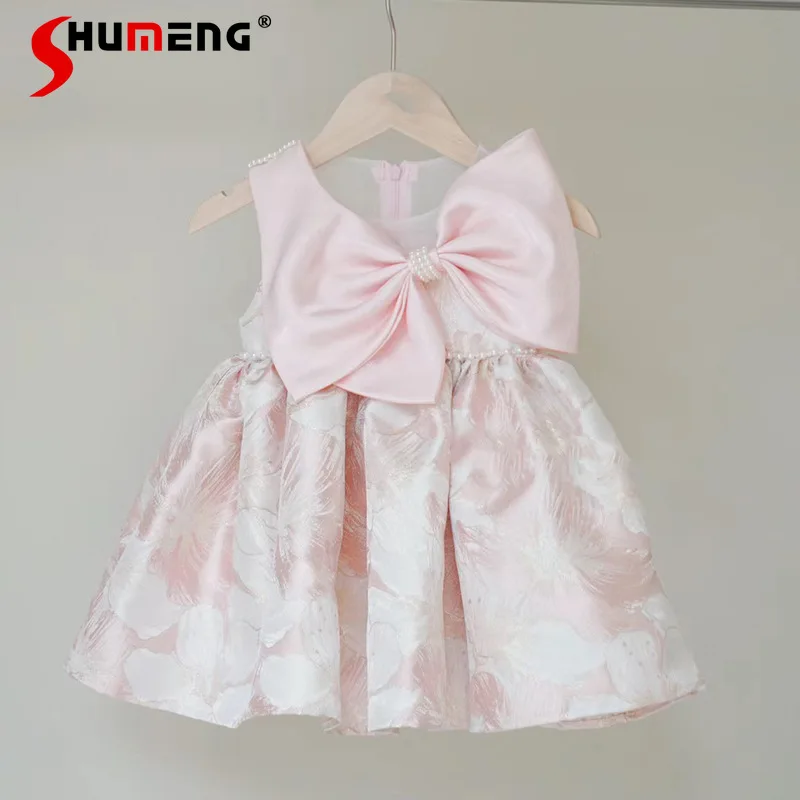 

Новое платье для девочки 2026: Повседневное/праздничное платье принцессы без рукавов с большим бантом, розовое вечернее платье для детей