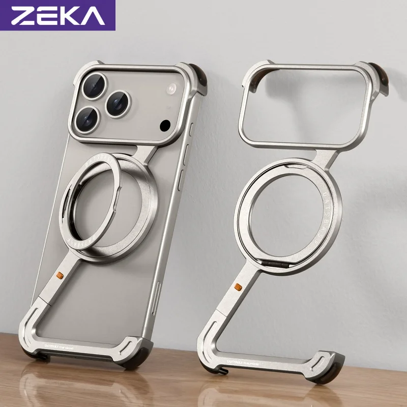 ZEKA Aluminum Metal Magnetic Case for iPhone 18 17 Pro Max Air Frameless Shockproof Airbag Corners 360° Rotating Stand Cover