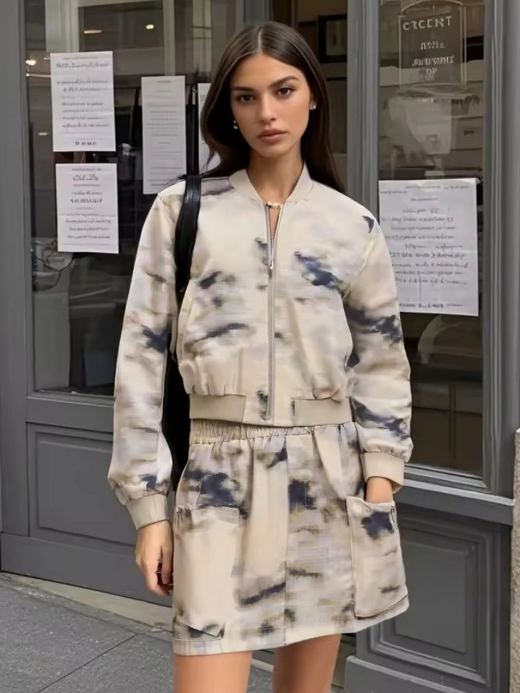 

ZBZA Women Printed Cropped Bomber Jacket Skirt Suit Front Zip Pocket Coat Elastic Waist A-line Skirt Spring Summer New Chic Set