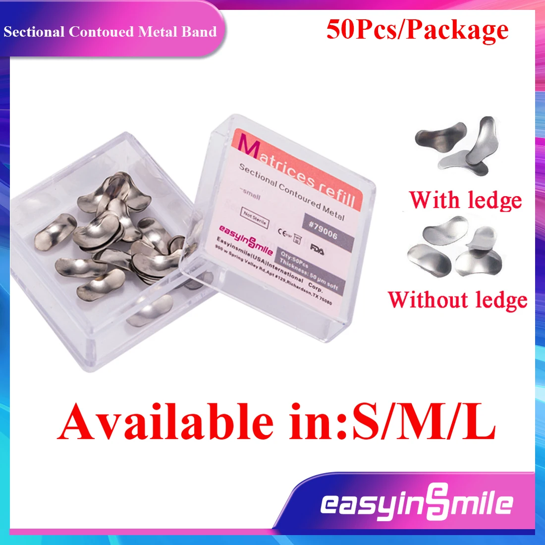 50Pcs Dental Metal Matrices Sectional Contoured Matrix Refill Bands For Teeth Restore S/M/L EASYINSMILE