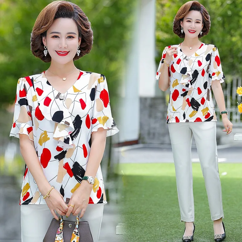 

Summer Womens Clothing Shirts Chiffon Blouse for Women Female Woman Tops Short Sleeve ruffled V-neck Print Female Clothes