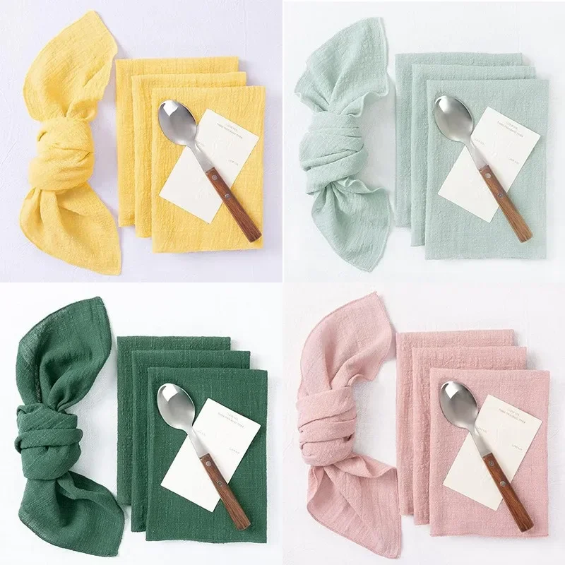 3/5pcs Solid Color Cotton Napkin Cloth Hemming Party Wedding Party Tablecloths Table Runner Gauze Placemat Restaurant Supplies