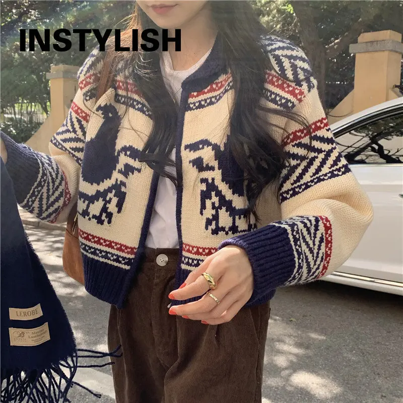 

Instylish Vintage Jacquard Knitted Cardigan Women 2022 Autumn Zipper Long Sleeve Sweater Coat Korean Chic Lazy Fashion Cardigans