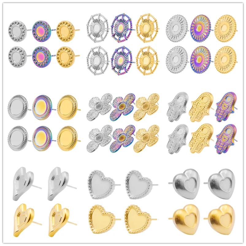 100% Stainless Steel Heart Flower Fatima Hand Ear Studs Metal Earring Settings DIY Stone Oil Drip Rhinestone Handmade Materials
