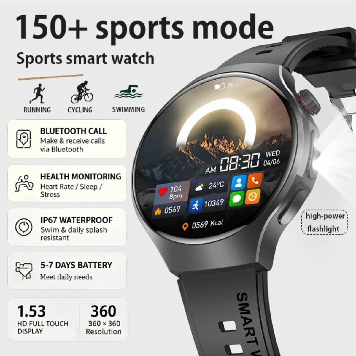 Outdoor Sports Smart Watch Men Women:Bluetooth Calls High-power Flashlight Full Touch Screen Health Monitor SmartWatch 2025